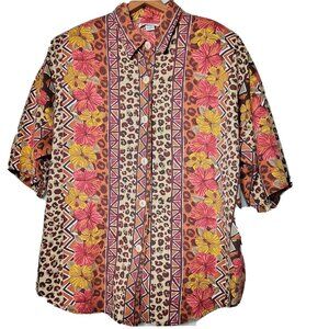 Vintage Act III Womens Plus Size 22W Blouse Hibiscus Leopard Cat Short Sleeve